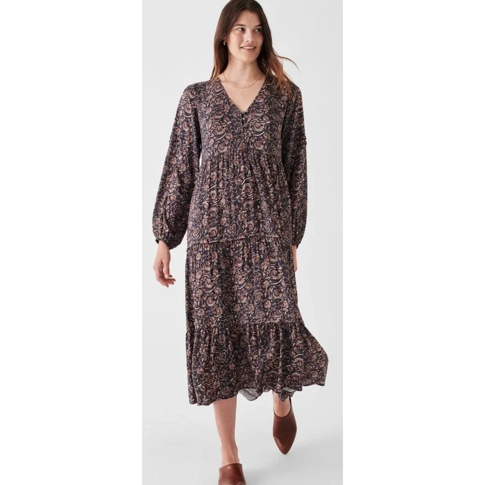 Faherty Isabella Floral Tiered Longsleeve Midi Dress Cottage Country Boho Fall S